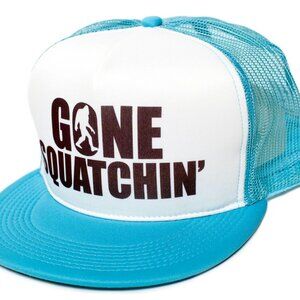 Gone Squatchin' Flat Funny trucker Cap Hat Big foot  Aqua/White
